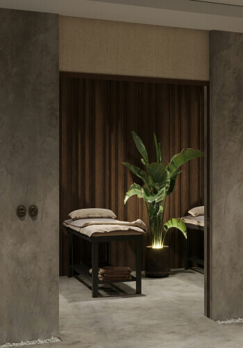 Minimalist spa room with two massage beds and a glowing potted plant against a wooden wall creating a peaceful relaxing space.
