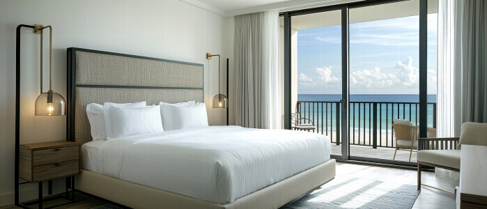 Modern hotel room with a large bed clean white linens and a balcony offering a view of the ocean under a sunny sky