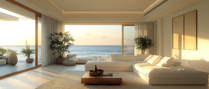 Bright minimalist living room with a white sectional sofa large windows and an open view of the ocean during sunset creating a peaceful coastal atmosphere.