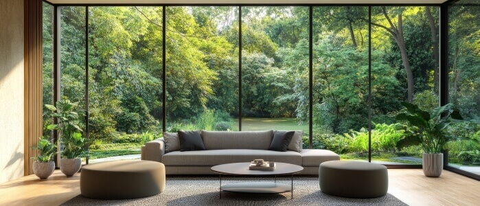 Spacious living room with a neutral sofa and large floor to ceiling windows overlooking a lush green forest landscape